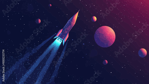 Abstract Vector Rocket in Starry Space with Planets and Universe Elements - Minimalist SVG Art for Business and Technology Concepts
