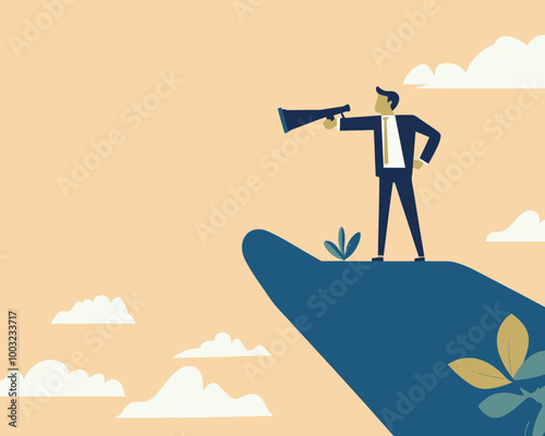 Business Vision and Strategy Concept: Businessman with Telescope Standing on Giant Hand Pointing Forward to Career Path, Economic Forecast, and Future Success
