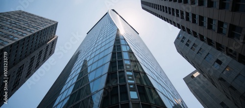 Low-angle shot of sleek curved skyscraper showcasing future architecture with glass windows