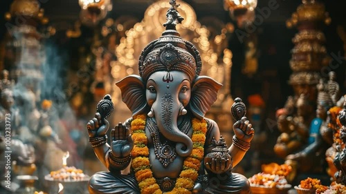 An ornate Ganesh idol surrounded by traditional offerings such as modaks, flowers, and oil lamps, Representing the spiritual essence of Karaka Chaturthi. 4k video footage