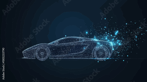 Futuristic Abstract Sport Car Wireframe Vector in Starry Sky Space with Planets and Stars Minimalist Concept for Technology and Transport Visualizations