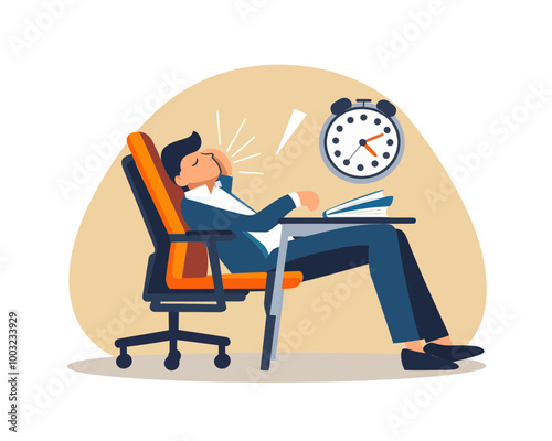 Procrastination and Afternoon Slump - Businessman Sleeping in Office Chair with Clock and Book, Flat Minimalist SVG Vector Illustration