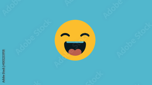 Bright Yellow Excited Emoji with Smiling Face on Blue Background, Expression of Happiness, Joyful Vector Illustration for Social Media, Messaging Apps, and Digital Communication