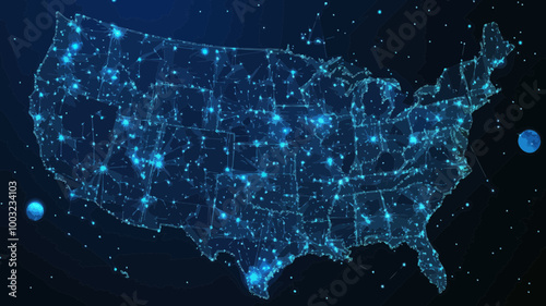 Abstract USA Map as Starry Sky with Points Lines and Planets Vector Wireframe, Digital Space Art Concept