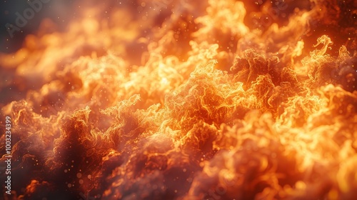 Fiery Inferno, Abstract Fire Background With Flames And Smoke. Texture Of Burning Heat And Danger