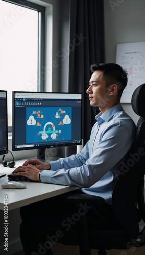 A cybersecurity professional man works remotely on data protection using cloud computing technology within a secure network setting