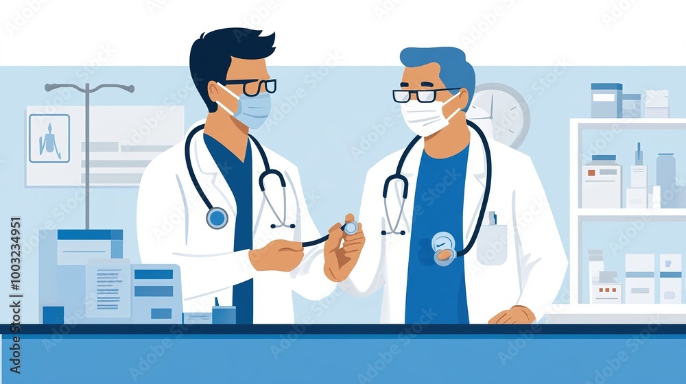 A doctor checking a patient lungs with a stethoscope, with both the doctor and patient wearing masks in a clean, well-lit room A doctor checking a patient lungs with a stethoscope, with both the doctor and patient wearing masks in a clean, well-lit room