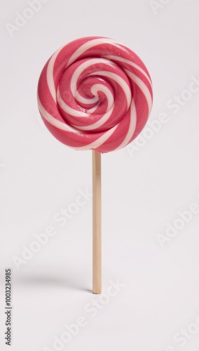 Watercolor illustration of an isoloated lollipop featuring twirled pink stripes and a spiraled sucker candy on a white backdrop