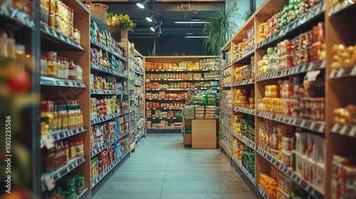 Organized Supermarket Aisle with Fresh Produce and Grocery Items