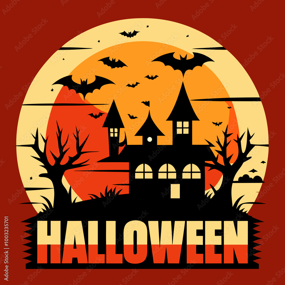 A spooky house with multiple towers trees and flying bats A spooky house with multiple towers trees and flying bats