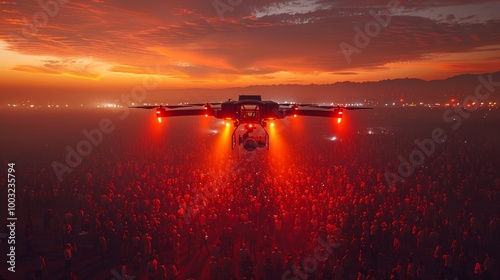 Drone with Professional Camera Filming Outdoor Music Festival with Large Crowd, Stage, and Sunset photo