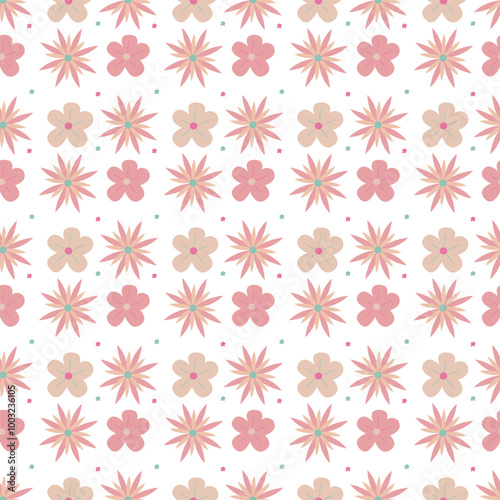 Seamless pattern of simple flowers and plant elements. Vector illustration in cartoon style.