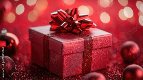 Red gift box displayed on a matching red background for holidays