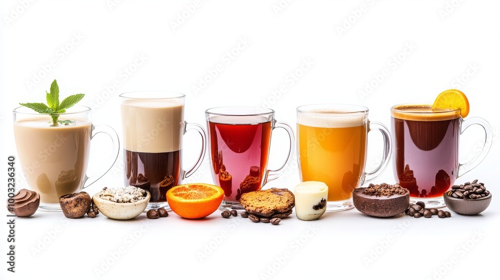 A collection of hot beverages, including coffee, tea, and hot chocolate, isolated against a white background A collection of hot beverages, including coffee, tea, and hot chocolate, isolated against a white background