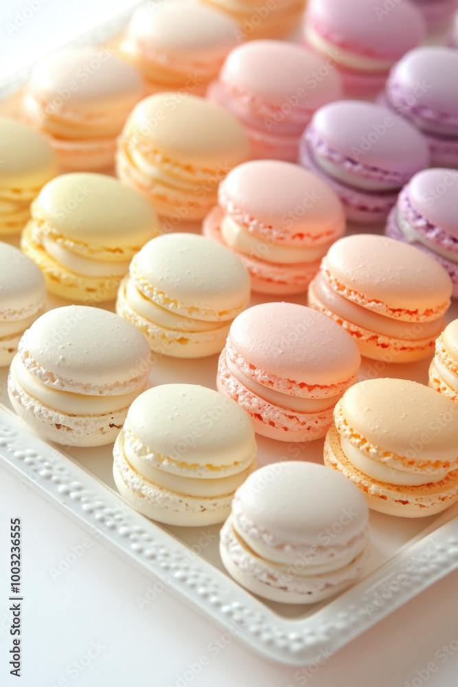 Fototapeta premium A tray filled with colorful French macarons in pastel hues, including pink, yellow, white, and purple, arranged neatly.