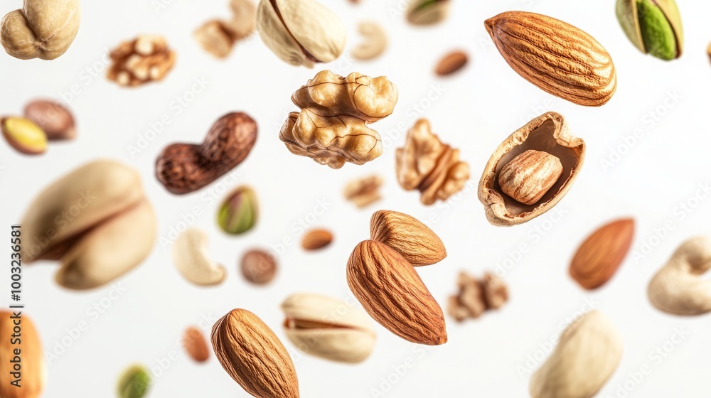 A mix of nuts including pistachios, almonds, walnuts, and cashews, floating in mid-air against a white background A mix of nuts including pistachios, almonds, walnuts, and cashews, floating in mid-air against a white background
