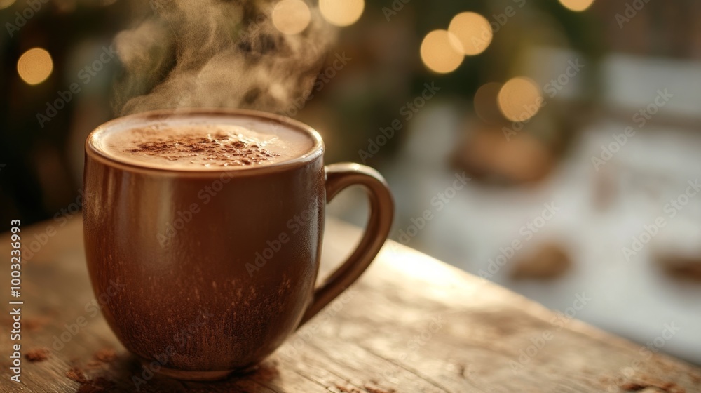 A steaming mug of rich, velvety hot chocolate set on a cozy wooden table, perfect for a warm, comforting treat. A steaming mug of rich, velvety hot chocolate set on a cozy wooden table, perfect for a warm, comforting treat.
