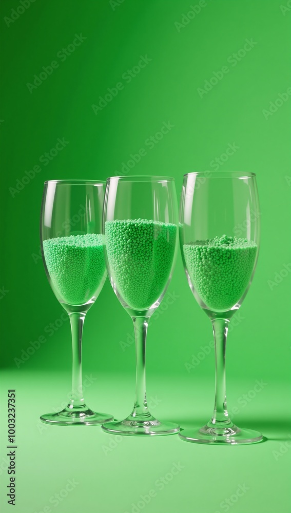 Fototapeta premium 3D rendered illustration of three green-backdropped glasses filled with granular polymer masterbatches HDPEPVC