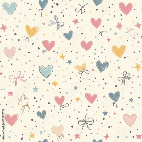 A pattern of hearts and stars on a white background