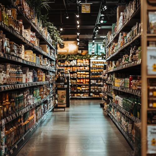 Organized Supermarket Aisle with Fresh Produce and Grocery Items