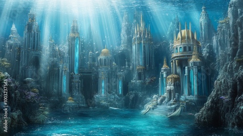 The ancient underwater city of Atlantis, ocean scene, fantasy wallpaper background