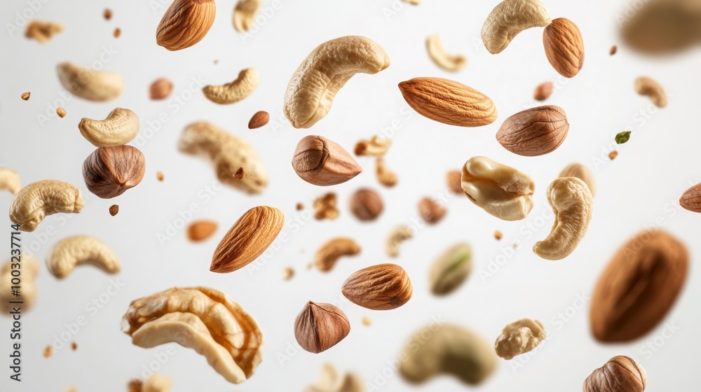 Assorted nuts, including pistachios, almonds, walnuts, and cashews, falling against a white background. Assorted nuts, including pistachios, almonds, walnuts, and cashews, falling against a white background.
