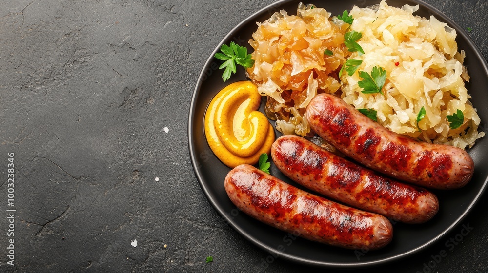Delicious Grilled Sausages with Sauerkraut and Mustard on a Black Plate - Traditional German Cuisine Delicious Grilled Sausages with Sauerkraut and Mustard on a Black Plate - Traditional German Cuisine