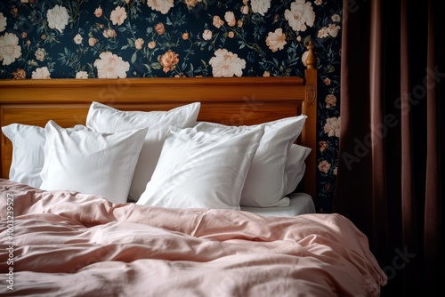 This interior view shows a bedroom with florally patterned curtains and wallpaper, a pale pink quilt on a double bed, and white pillows. photo