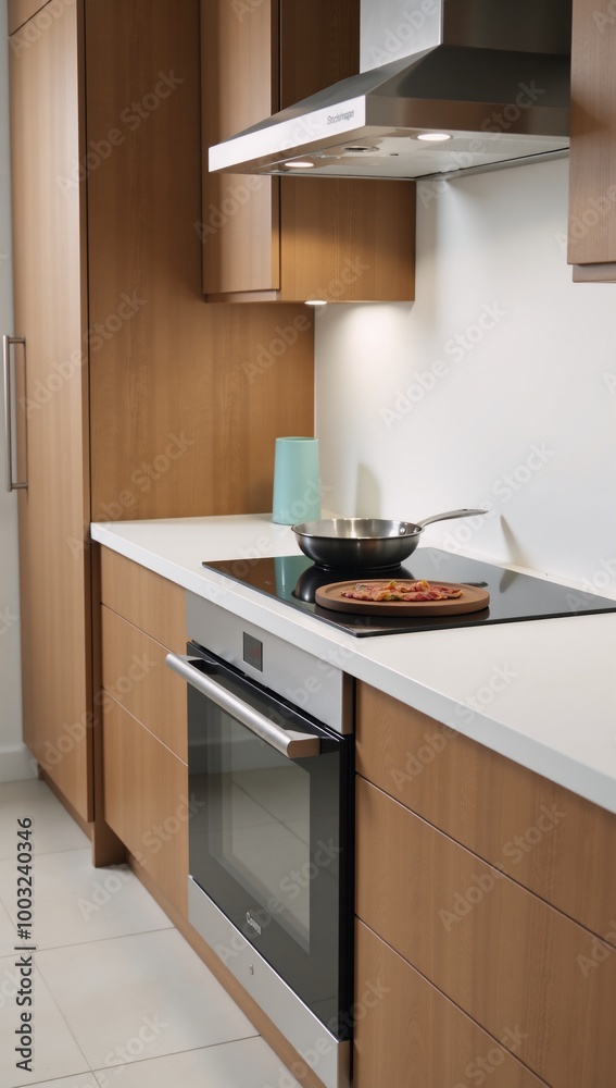 Modern kitchen with stainless steel appliances induction stove oven range hood and wooden furnishings cooking meal on an electric cooktop Modern kitchen with stainless steel appliances induction stove oven range hood and wooden furnishings cooking meal on an electric cooktop