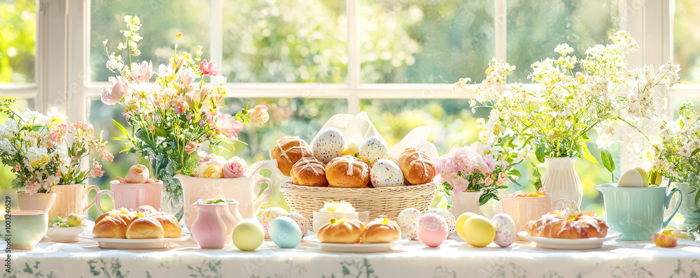 Bright Easter Brunch Setup by Window. A festive and colorful Easter table setting with fresh flowers, pastries, and eggs in a sunlit room.
Bright Easter Brunch Setup by Window. A festive and colorful Easter table setting with fresh flowers, pastries, and eggs in a sunlit room.