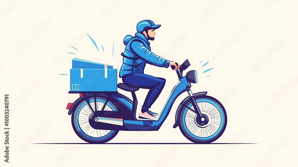 Obraz premium Delivery man riding a blue electric scooter with packages on the back
