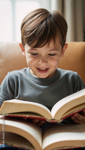 Passionate reader young boy immersed in books with joyful expression