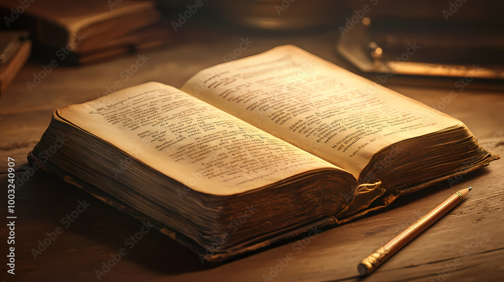 Obraz premium An open antique book with glowing pages lies on a table, with a pencil beside it. ideal for themes of knowledge, mystery, and history. Magic Academy. Illustration