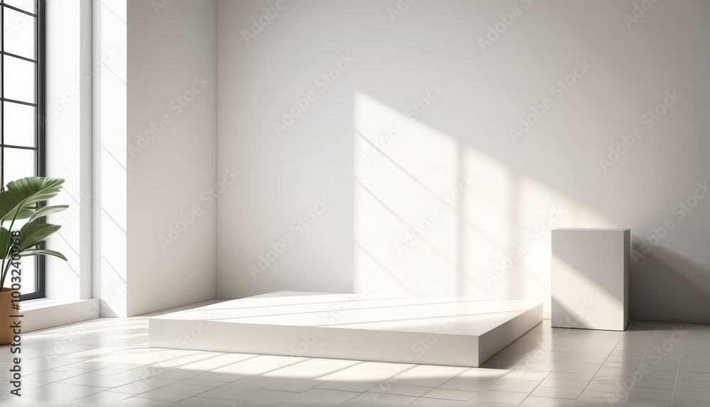 Studio Room with Podium on White Background and Window Shadow Overlay Studio Room with Podium on White Background and Window Shadow Overlay