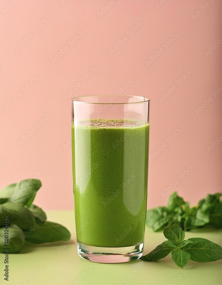 Green smoothie in a glass on a pastel background Green smoothie in a glass on a pastel background