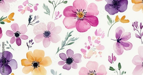 Watercolor floral clipart, featuring pink, purple, and yellow flowers on a white background The designs are simple and cute, with various watercolor flower designs in different sizes Generative AI