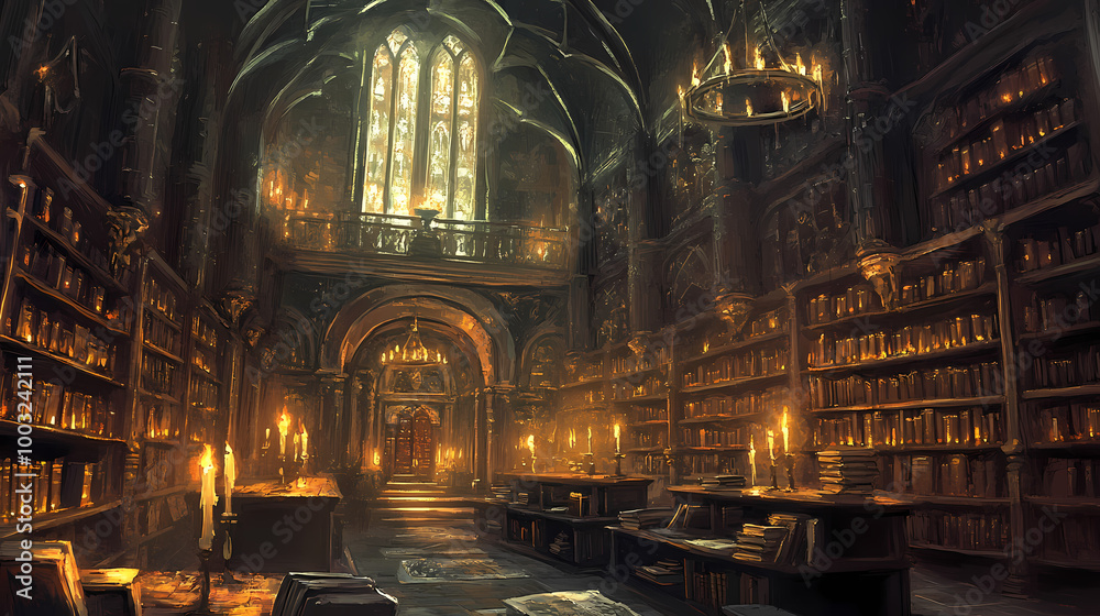 Ancient tomes and mystical manuscripts hover mid-air, surrounded by candlelit shelves and mystical artifacts, in a quaint, dimly lit magical academy study chamber. Magic Academy. Illustration Ancient tomes and mystical manuscripts hover mid-air, surrounded by candlelit shelves and mystical artifacts, in a quaint, dimly lit magical academy study chamber. Magic Academy. Illustration
