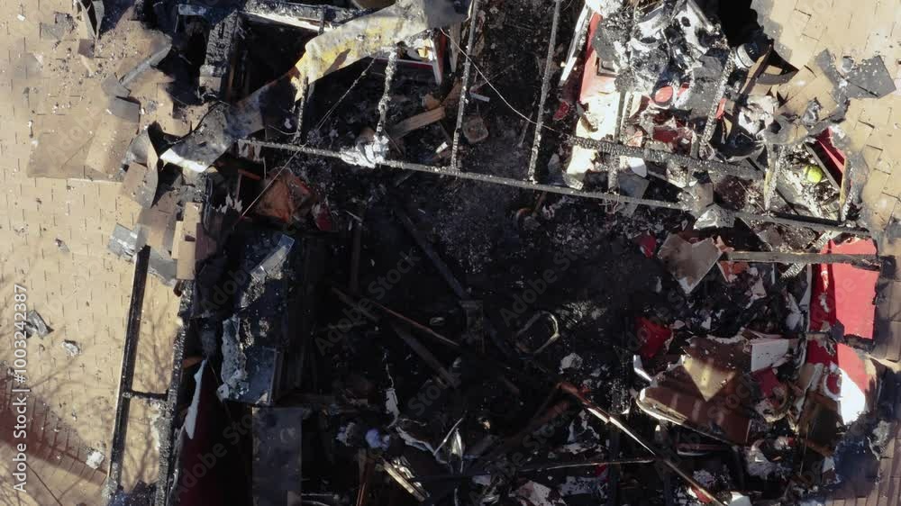 House devastation aftermath from Fire. Aerial House devastation aftermath from Fire. Aerial