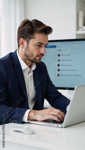 Businessman using laptop for email marketing managing customer relationships through mass emails