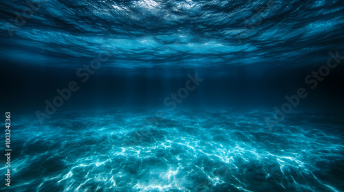 Aquatic abyss dark blue ocean depths seen from underwater perspective abstract seascape photo. Ocean Depths. Illustration