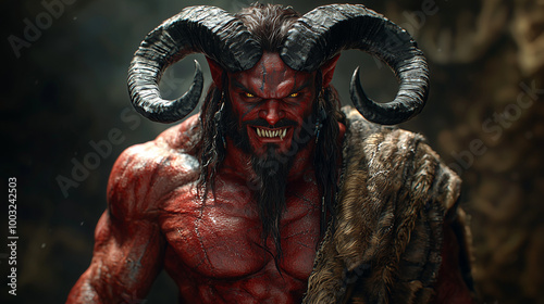 ferocious male tiefling berserker roars in battle, his mighty horns and muscles tensed in fury