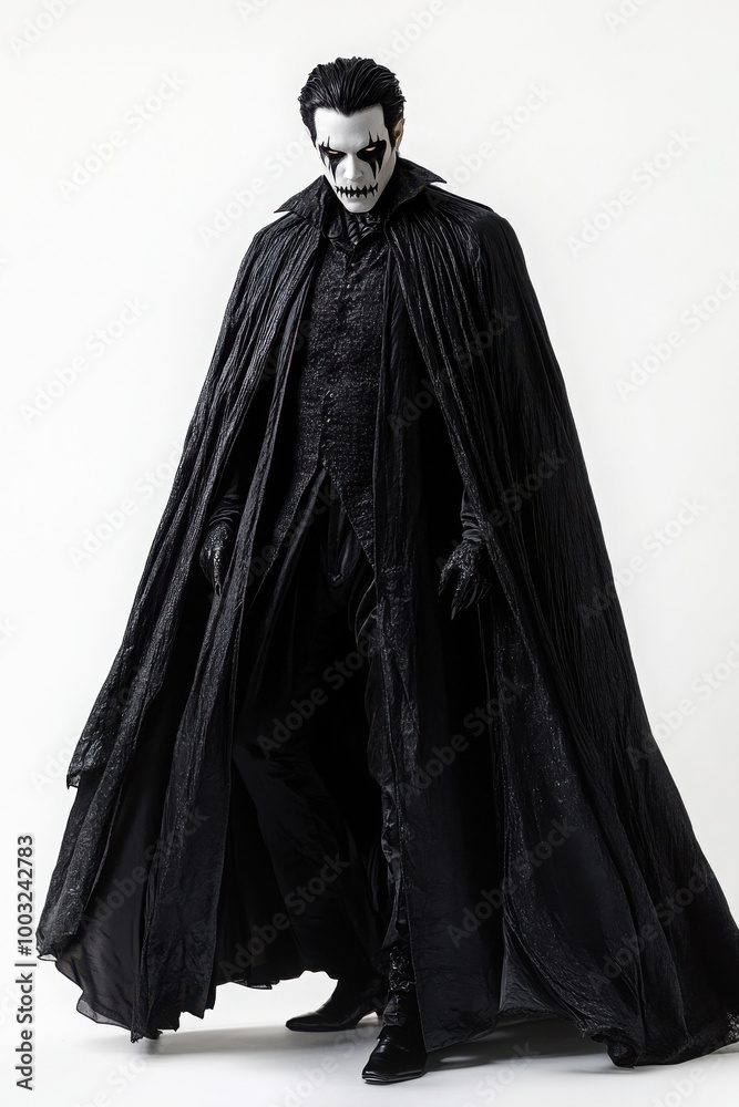 A mysterious male dressed in an all-black gothic outfit with dramatic makeup and a flowing cape against a white background. A mysterious male dressed in an all-black gothic outfit with dramatic makeup and a flowing cape against a white background.