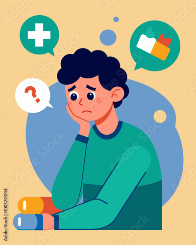 A person hesitating to seek medical treatment because they cant afford the cost.. Vector illustration