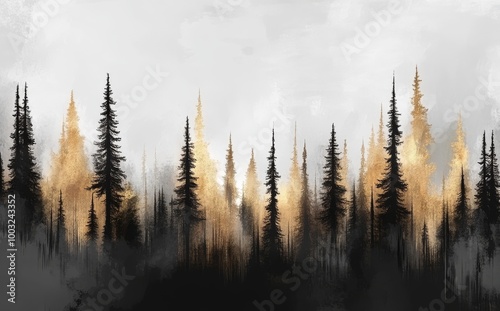 The tree silhouettes forest view wallpaper design is a landscape in the forest painted in oil, with brush textured lines, as well as pattern design and mural art.
