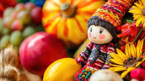 Colorful Autumn Harvest with Handmade Doll Figurine