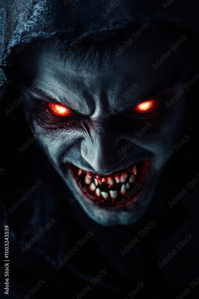 Dark, menacing creature with glowing red eyes and sharp fangs, cloaked in shadows. Dark, menacing creature with glowing red eyes and sharp fangs, cloaked in shadows.