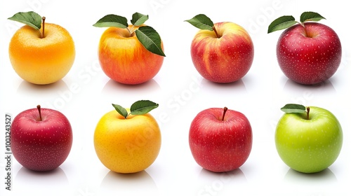 Eight fresh apples of various colors and sizes, isolated on a white background.