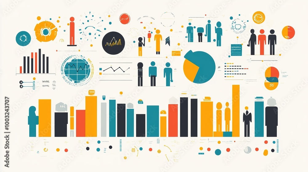 A comprehensive data visualization infographic showcasing demographic information with segmented charts and colorful icons A comprehensive data visualization infographic showcasing demographic information with segmented charts and colorful icons