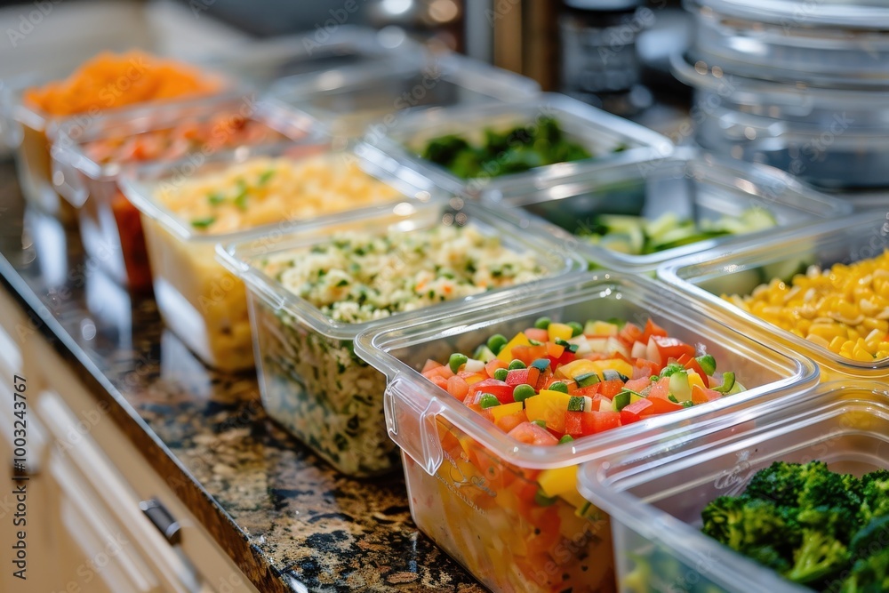Fototapeta premium A large assortment of food in plastic containers, including salads, generative ai image