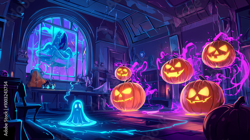 Cartoon ghost wizards casting neon pumpkin spells in a futuristic magic academy. Magic Academy. Illustration photo